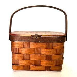 Vintage Rindge Hand‎ Woven & Painted Basket Purse Fabric Lined Top Handle